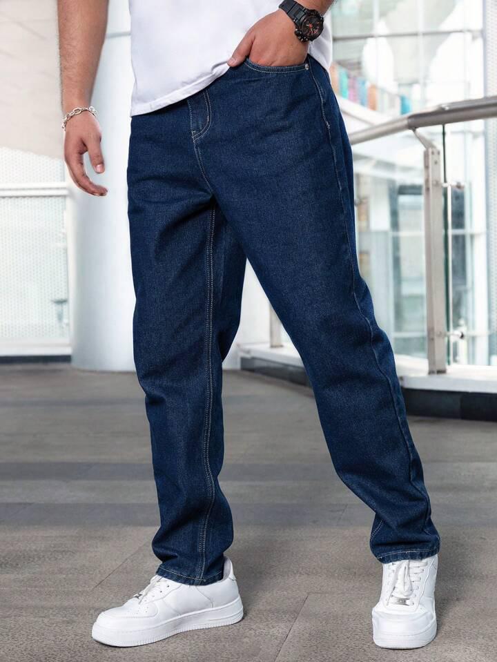 MQ Denim Men's Dark Blue Straight Fit Stylish Non Stretch Mid Rise Pure Cotton Crafted with Premium Fabric Relaxed Jeans Available in Variety of Colour