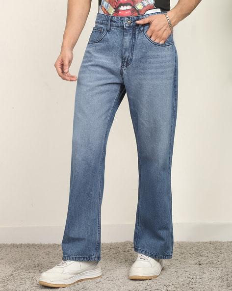 M Q Men’s Straight Fit Cotton Denim Jeans | Mid Rise | Whisker Spray | Light Fade | Stone Blue | Everyday Casual Wear