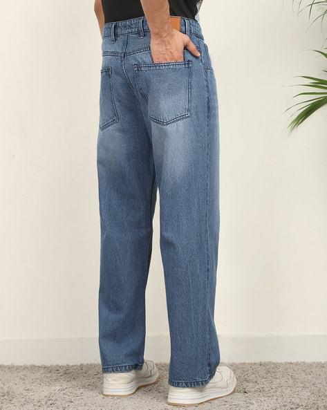 M Q Men’s Straight Fit Cotton Denim Jeans | Mid Rise | Whisker Spray | Light Fade | Stone Blue | Everyday Casual Wear