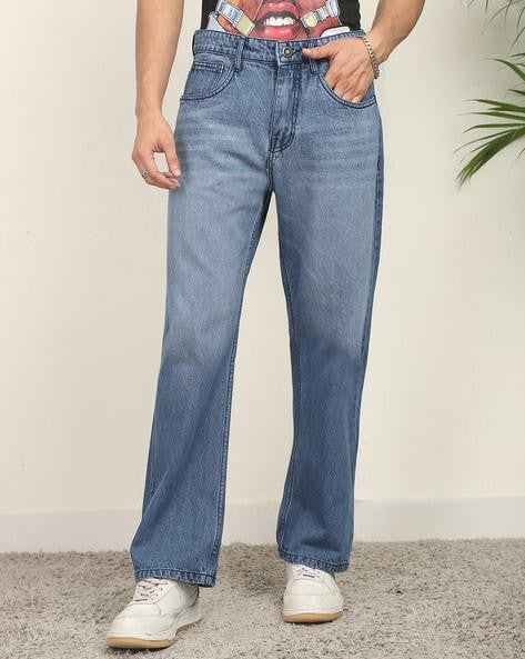 M Q Men’s Straight Fit Cotton Denim Jeans | Mid Rise | Whisker Spray | Light Fade | Stone Blue | Everyday Casual Wear
