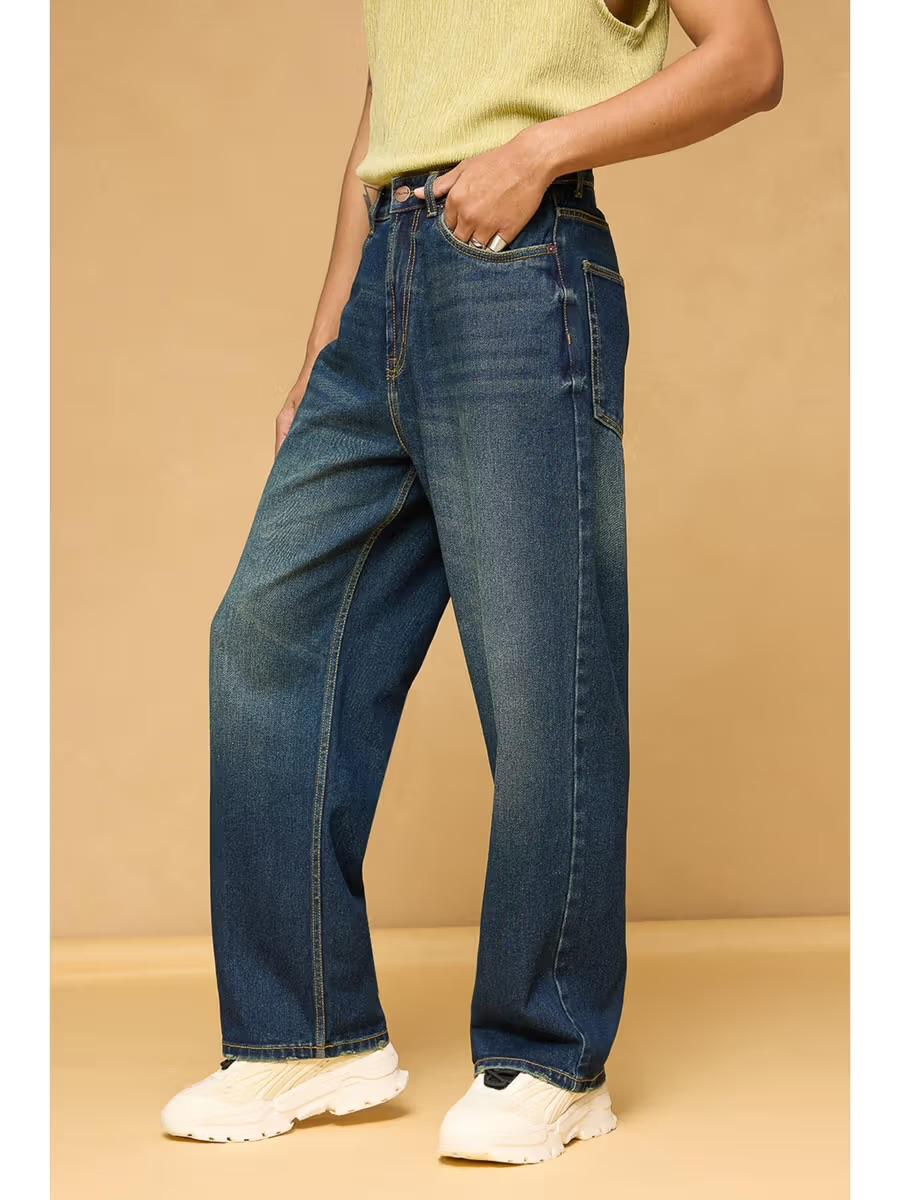 M Q Men’s Straight Fit Loose Jeans | Mid Wash Whisker Spray Denim | Comfortable Heavy Cotton | Casual Wear | Tint