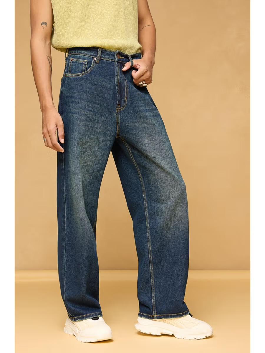 M Q Men’s Straight Fit Loose Jeans | Mid Wash Whisker Spray Denim | Comfortable Heavy Cotton | Casual Wear | Tint