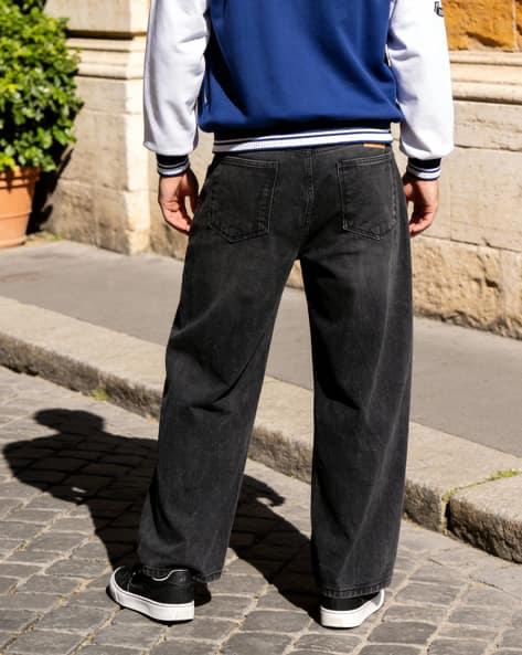 M Q Men’s Straight Fit Loose Jeans | Mid Wash Whisker Spray Denim | Comfortable Heavy Cotton | Casual Wear | Black