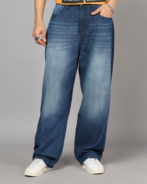 M Q Jeans Men’s Mid Wash Straight Fit Loose Jeans | Whisker Spray Denim | Comfortable Casual Wear | Dark Blue