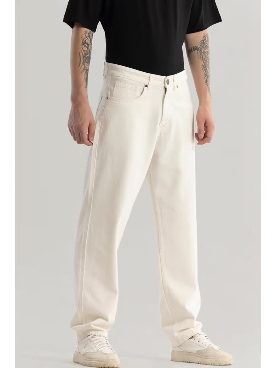 M Q Denim Men Cream Straight Fit Denim Jeans | Mid Rise | Soft Cotton Fabric | Everyday Style