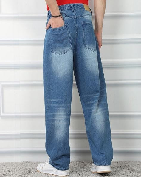 M Q Men’s Straight Fit Loose Jeans | Mid Wash Whisker Spray Denim | Comfortable Heavy Cotton | Casual Wear | Stone Blue