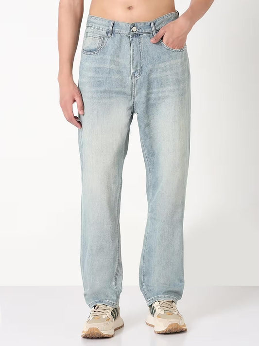 M Q Men’s Straight Fit Loose Jeans | Mid Wash Whisker Spray Denim | Comfortable Heavy Cotton | Casual Wear | Light Tint