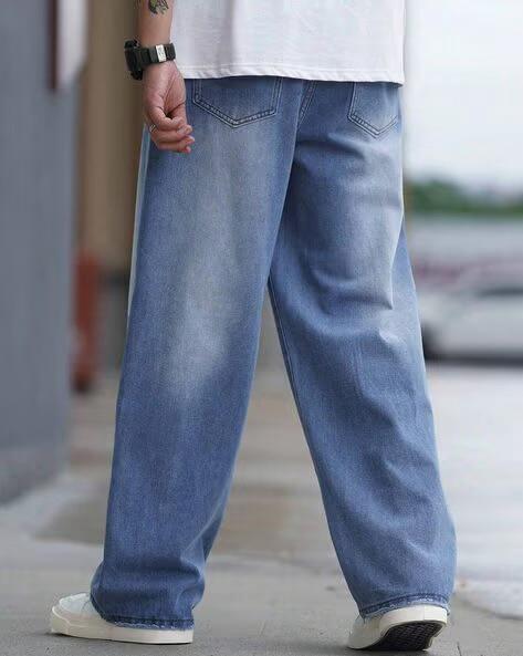 M Q Men’s Straight Fit Loose Jeans | Mid Wash Whisker Spray Denim | Comfortable Heavy Cotton | Casual Wear | Stone Blue