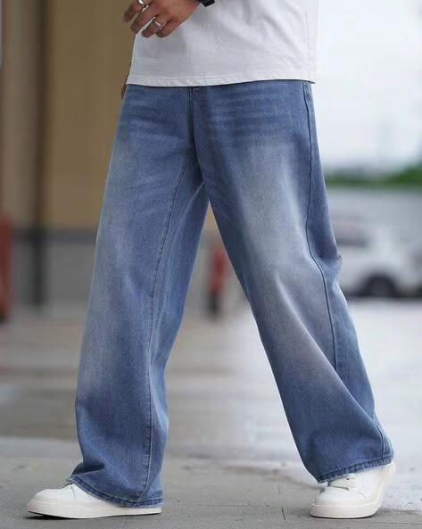 M Q Men’s Straight Fit Loose Jeans | Mid Wash Whisker Spray Denim | Comfortable Heavy Cotton | Casual Wear | Stone Blue