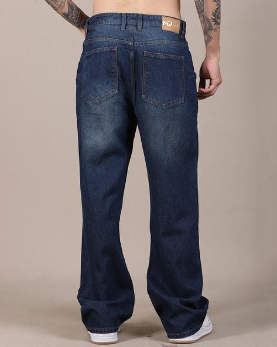 M Q Jeans Men’s Straight Fit Loose Denim Jeans | Mid Wash Whisker Spray | Heavy Cotton Casual Wear | Dark Blue