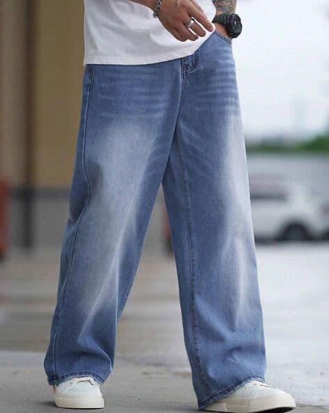 M Q Men’s Straight Fit Loose Jeans | Mid Wash Whisker Spray Denim | Comfortable Heavy Cotton | Casual Wear | Stone Blue