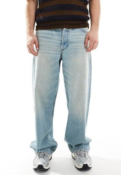 M Q Jeans Men’s Straight Fit Loose Denim Jeans | Mid Wash Whisker Spray | Heavy Cotton Casual Wear | Light Tint