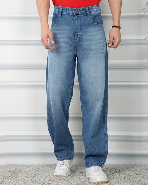 M Q Men’s Straight Fit Loose Jeans | Mid Wash Whisker Spray Denim | Comfortable Heavy Cotton | Casual Wear | Stone Blue