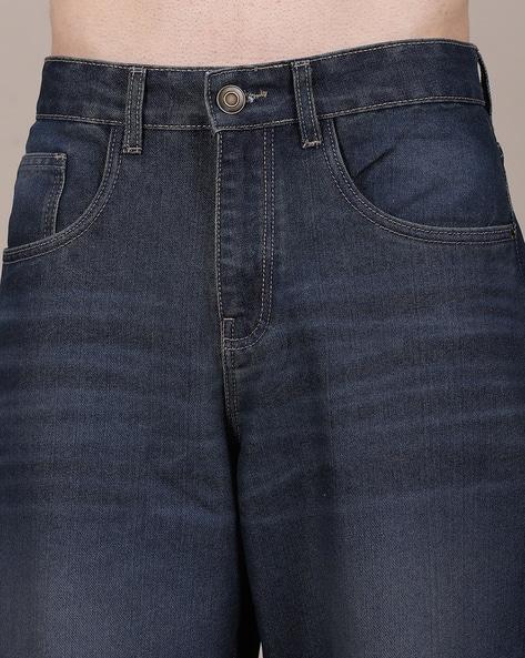 M Q Men’s Straight Fit Loose Jeans | Mid Wash Whisker Spray Denim | Comfortable Heavy Cotton | Casual Wear | Dark Blue