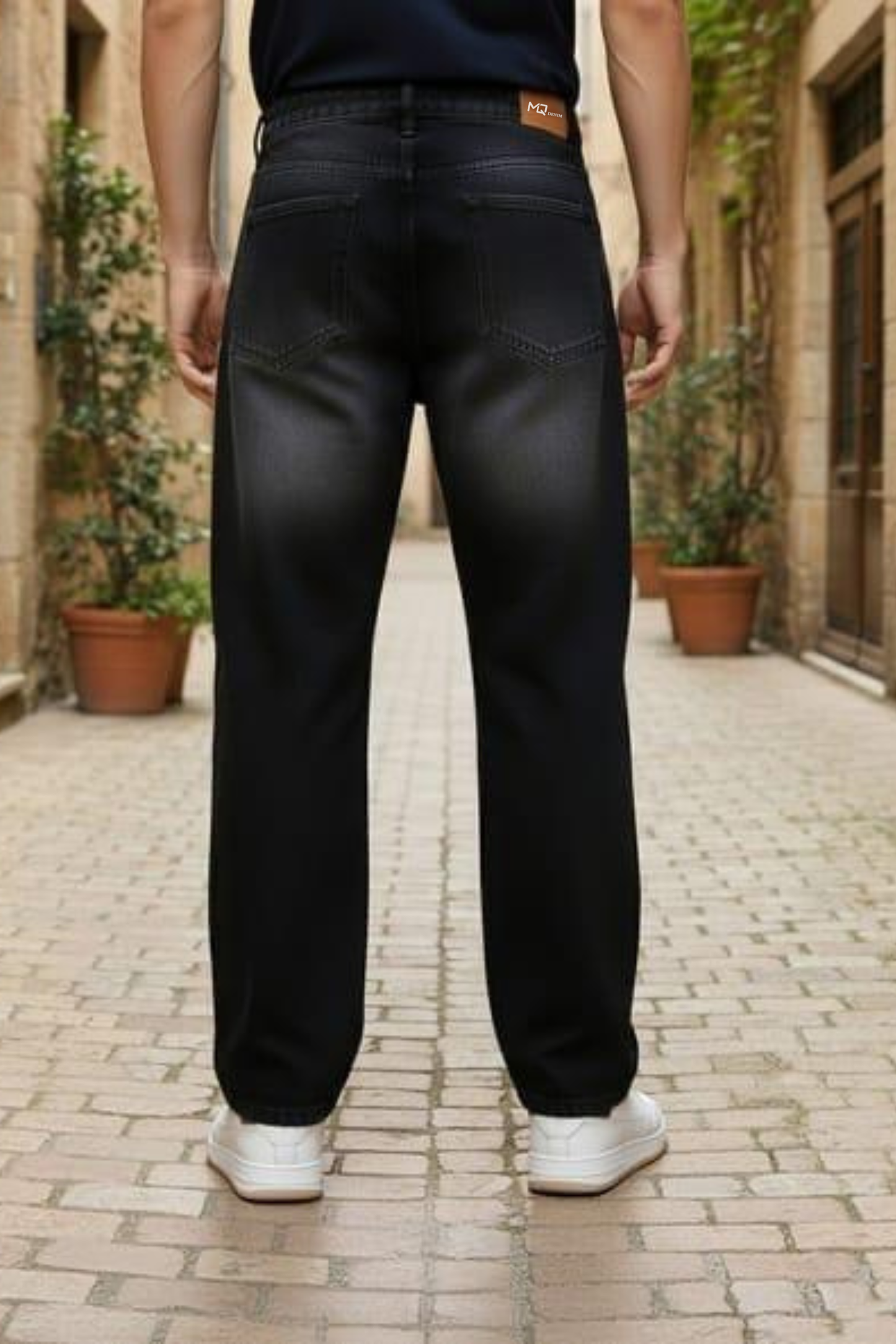 M Q Jeans Men’s Mid Wash Straight Fit Loose Jeans | Whisker Spray Denim | Comfortable Casual Wear | Black