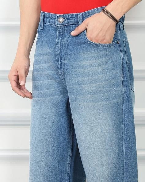 M Q Men’s Straight Fit Loose Jeans | Mid Wash Whisker Spray Denim | Comfortable Heavy Cotton | Casual Wear | Stone Blue