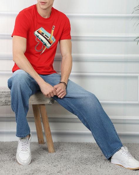 M Q Men’s Straight Fit Loose Jeans | Mid Wash Whisker Spray Denim | Comfortable Heavy Cotton | Casual Wear | Stone Blue