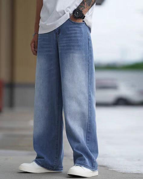 M Q Men’s Straight Fit Loose Jeans | Mid Wash Whisker Spray Denim | Comfortable Heavy Cotton | Casual Wear | Stone Blue