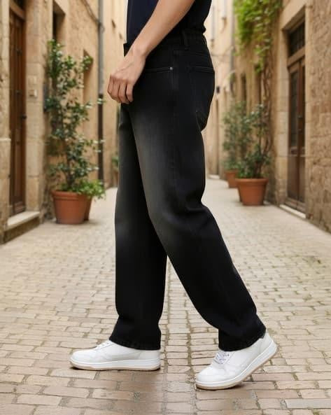 M Q Jeans Men’s Mid Wash Straight Fit Loose Jeans | Whisker Spray Denim | Comfortable Casual Wear | Black