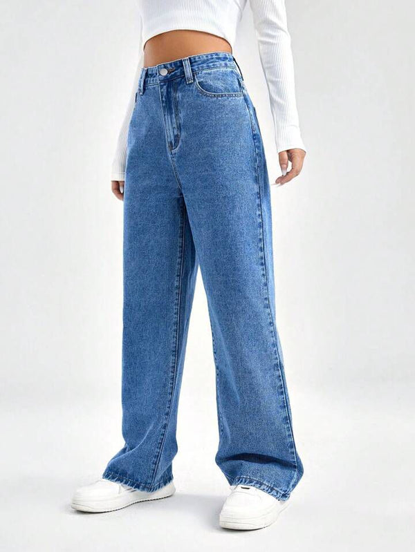 me Queen women's  wide leg flare loose fit high rise blue denim jeans