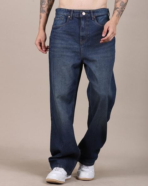 M Q Jeans Men’s Straight Fit Loose Denim Jeans | Mid Wash Whisker Spray | Heavy Cotton Casual Wear | Dark Blue