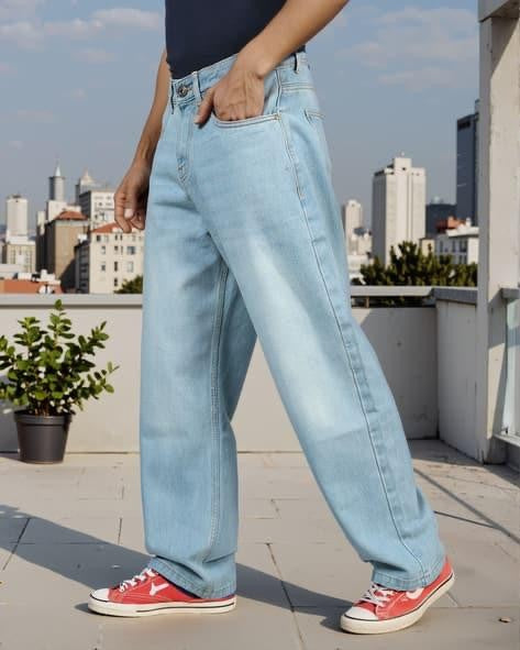 M Q Jeans Men’s Mid Wash Straight Fit Loose Jeans | Whisker Spray Denim | Comfortable Casual Wear | Ice Blue