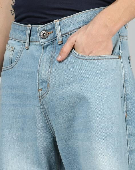 M Q Jeans Men’s Mid Wash Straight Fit Loose Jeans | Whisker Spray Denim | Comfortable Casual Wear | Ice Blue