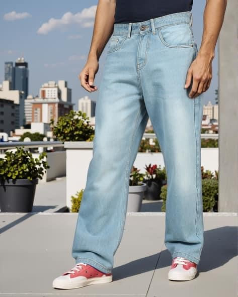 M Q Jeans Men’s Mid Wash Straight Fit Loose Jeans | Whisker Spray Denim | Comfortable Casual Wear | Ice Blue
