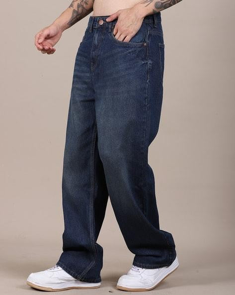 M Q Jeans Men’s Straight Fit Loose Denim Jeans | Mid Wash Whisker Spray | Heavy Cotton Casual Wear | Dark Blue