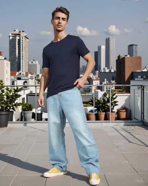 M Q Jeans Men’s Mid Wash Straight Fit Loose Jeans | Whisker Spray Denim | Comfortable Casual Wear | Ice Blue