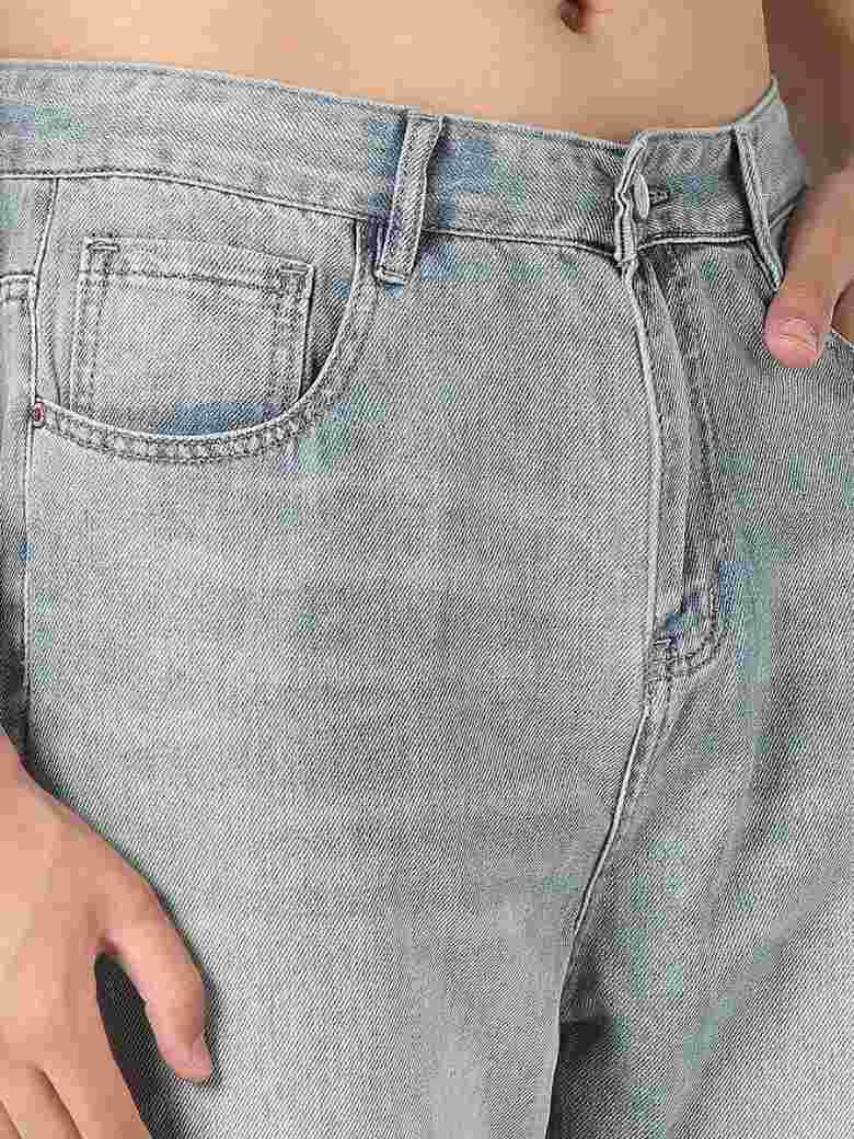 M Q Men’s Straight Fit Loose Jeans | Mid Wash Whisker Spray Denim | Comfortable Heavy Cotton | Casual Wear | Light Tint