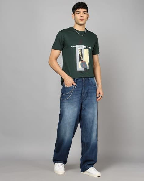 M Q Men’s Straight Fit Loose Jeans | Mid Wash Whisker Spray Denim | Comfortable Heavy Cotton | Casual Wear | Dark Blue