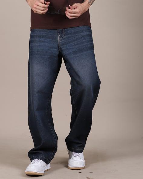 M Q Men’s Straight Fit Loose Jeans | Mid Wash Whisker Spray Denim | Comfortable Heavy Cotton | Casual Wear | Dark Blue