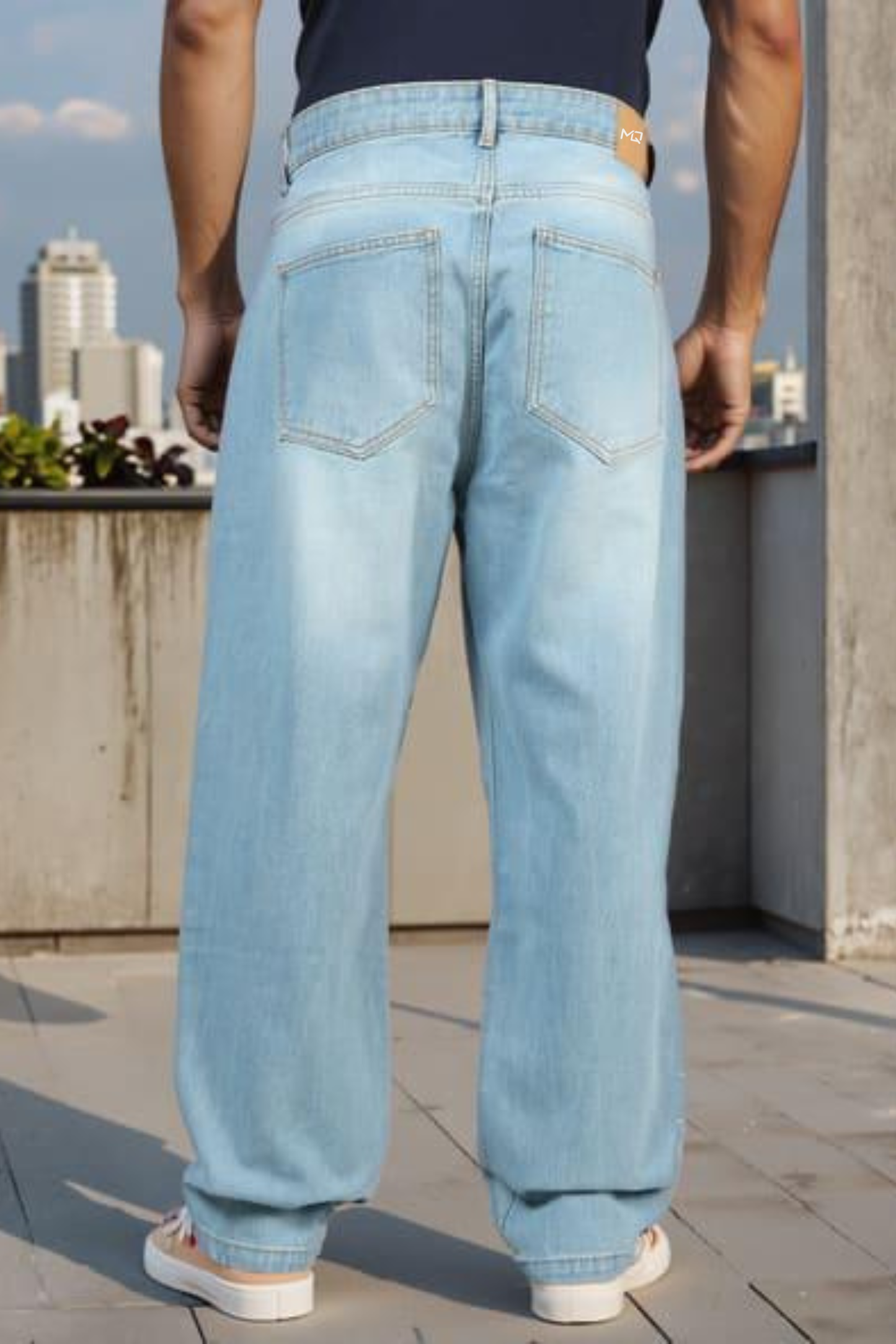 M Q Jeans Men’s Mid Wash Straight Fit Loose Jeans | Whisker Spray Denim | Comfortable Casual Wear | Ice Blue