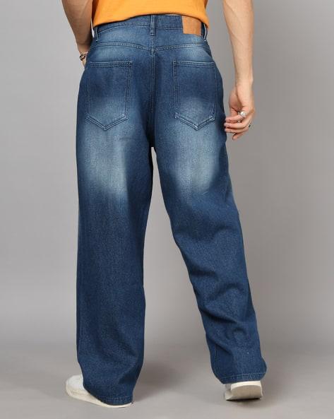 M Q Jeans Men’s Mid Wash Straight Fit Loose Jeans | Whisker Spray Denim | Comfortable Casual Wear | Dark Blue