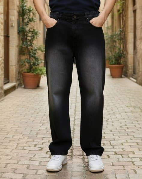 M Q Jeans Men’s Mid Wash Straight Fit Loose Jeans | Whisker Spray Denim | Comfortable Casual Wear | Black