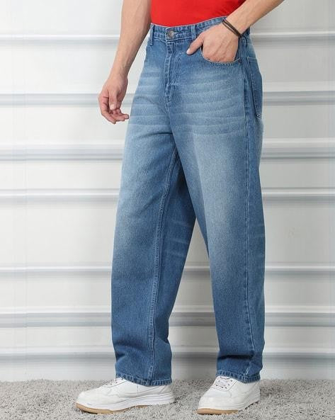 M Q Men’s Straight Fit Loose Jeans | Mid Wash Whisker Spray Denim | Comfortable Heavy Cotton | Casual Wear | Stone Blue