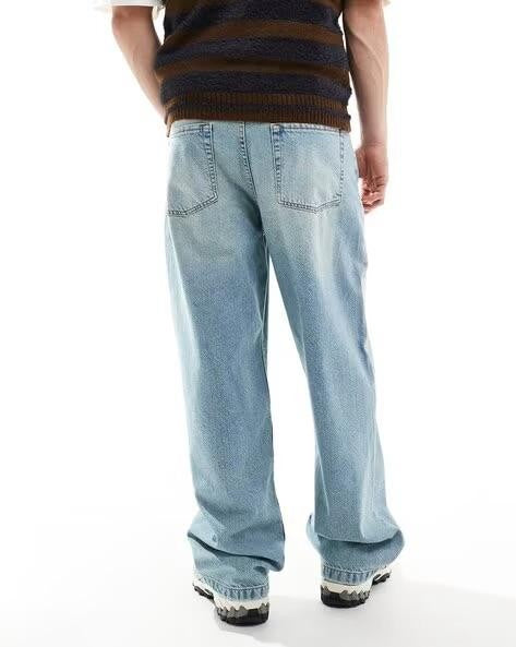 M Q Jeans Men’s Straight Fit Loose Denim Jeans | Mid Wash Whisker Spray | Heavy Cotton Casual Wear | Light Tint