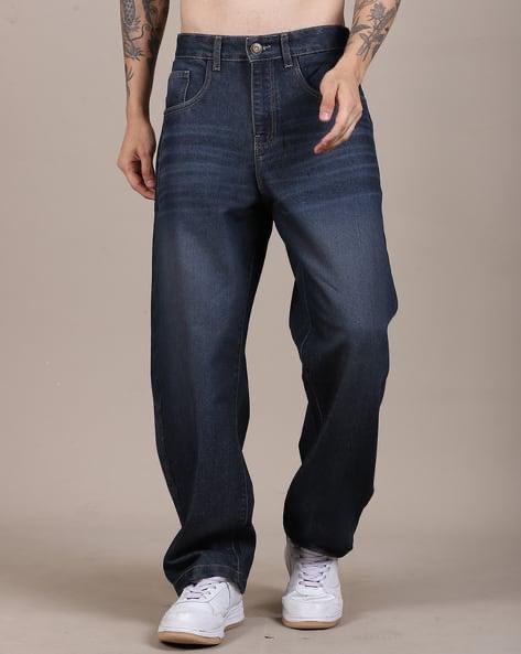 M Q Men’s Straight Fit Loose Jeans | Mid Wash Whisker Spray Denim | Comfortable Heavy Cotton | Casual Wear | Dark Blue