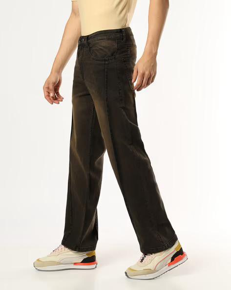 M Q Men’s Straight Fit Loose Jeans | Mid Wash Whisker Spray Denim | Comfortable Heavy Cotton | Casual Wear | Rust