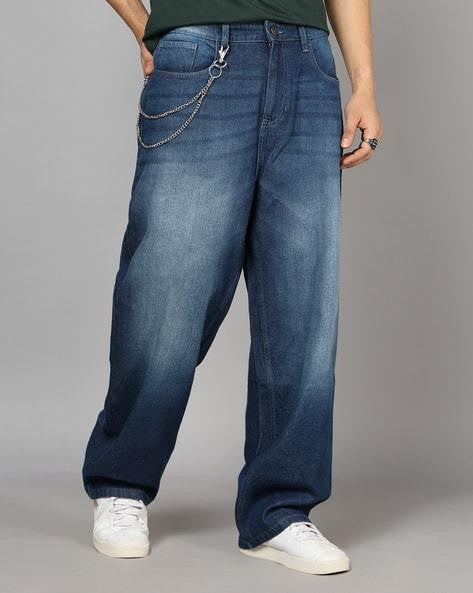 M Q Men’s Straight Fit Loose Jeans | Mid Wash Whisker Spray Denim | Comfortable Heavy Cotton | Casual Wear | Dark Blue