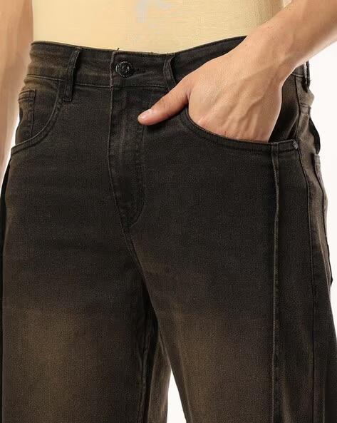 M Q Men’s Straight Fit Loose Jeans | Mid Wash Whisker Spray Denim | Comfortable Heavy Cotton | Casual Wear | Rust