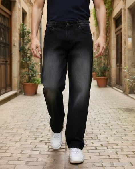 M Q Jeans Men’s Mid Wash Straight Fit Loose Jeans | Whisker Spray Denim | Comfortable Casual Wear | Black