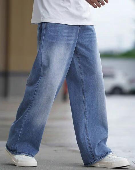 M Q Men’s Straight Fit Loose Jeans | Mid Wash Whisker Spray Denim | Comfortable Heavy Cotton | Casual Wear | Stone Blue