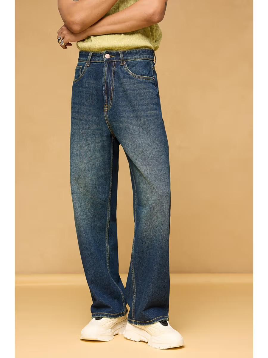 M Q Men’s Straight Fit Loose Jeans | Mid Wash Whisker Spray Denim | Comfortable Heavy Cotton | Casual Wear | Tint